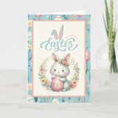 Zoete bloemenkonijn met ei gelukkig Pasen Custom Feestdagen Kaart (Voorkant)