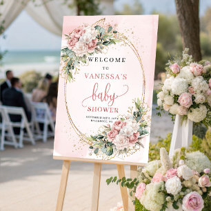 Zoete Blush Roze Bloemige Groene Baby Shower Welko Poster