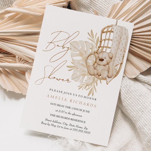 Zoete Boho Teddybeer Neutrale Baby Shower Kaart