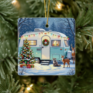 Zoete bos campingwagen winter scène Kerstmis Keramisch Ornament