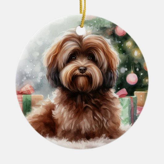 Zoete bruine Havanese Hond Kerstmis Keramisch Ornament (Voorkant)