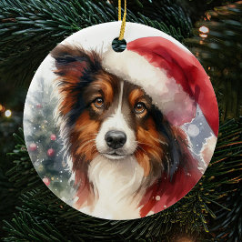 Zoete bruine rand Collie Santa Hat Kerstmis Keramisch Ornament