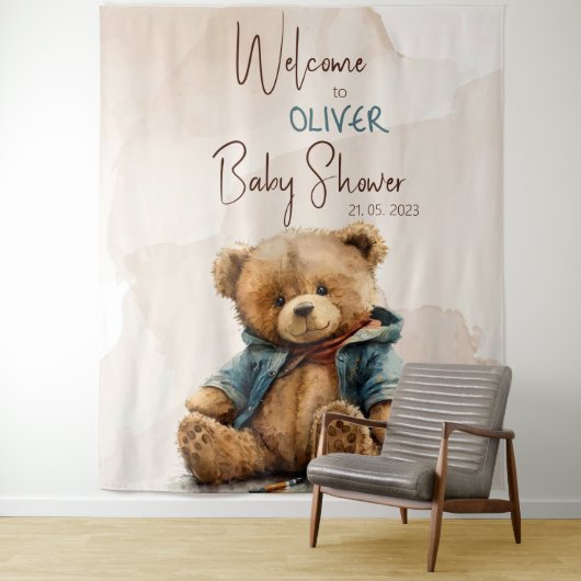 Zoete bruine waterverf teddybeer Baby shower Wandkleed (In situ)