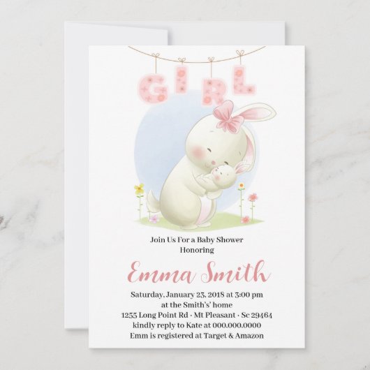 Zoete Bunny Girl Baby Shower Uitnodiging (Voorkant)