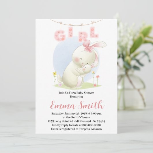 Zoete Bunny Girl Baby Shower Uitnodiging (Staand voorkant)