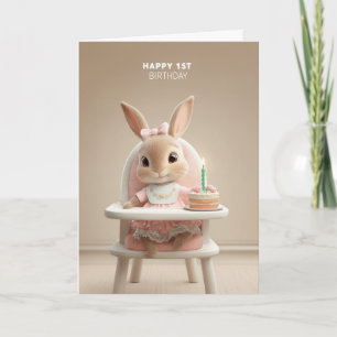 Zoete Bunny in een kinderstoel met eerste verjaard Kaart