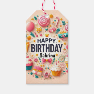 Zoete Candyland Cupcake & Lolly Verjaardagstaart Cadeaulabel
