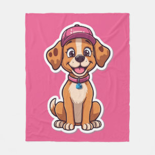 Zoete Cartoonhond – Gelukkige Pup in Mutsticker Fleece Deken
