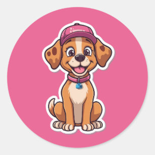 Zoete Cartoonhond – Gelukkige Pup in Mutsticker Ronde Sticker