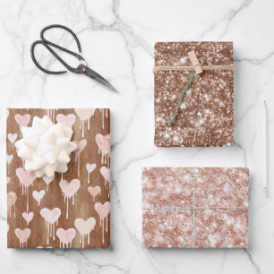 Zoete Chocolade Harten Crème Bruin Roze Glitters Inpakpapier Vel