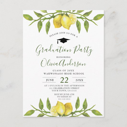 Zoete citroenen groene afstudeerfeest uitnodiging (Voorkant)