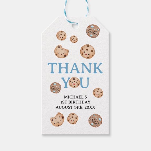 Zoete Cookie Jongen Eerste Verjaardag Blauwe Gingh Cadeaulabel (Voorkant)