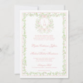 Zoete Crest met Roze Strik | Monogram Huwelijk Kaart (Voorkant)