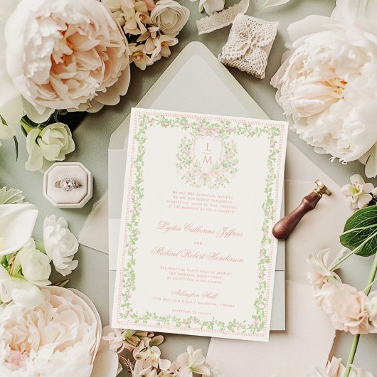 Zoete Crest met Roze Strik | Monogram Huwelijk Kaart