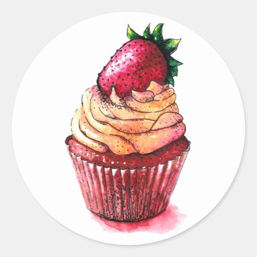 Zoete cupcake met een aardbei bovenop. ronde sticker (Voorkant)