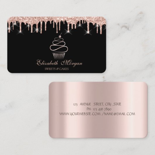 Zoete Cupcake Roze Goud Druppels Zwart  Visitekaartje (Voorkant / Achterkant)