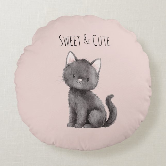 Zoete Cute Grijze Kat Rond Kussen (Voorkant)