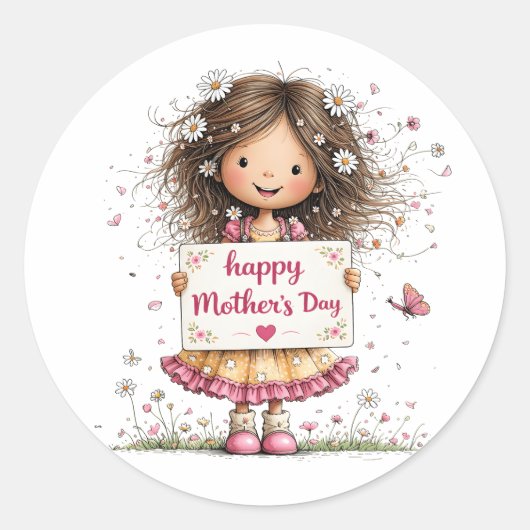 Zoete Daisy Meisje Moederdag Ronde Sticker (Voorkant)