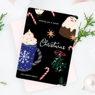 Zoete desserts geïllustreerd vakantievoedsel Kerst Feestdagenkaart