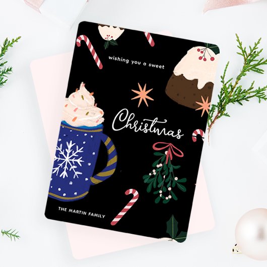 Zoete desserts geïllustreerd vakantievoedsel Kerst Feestdagenkaart