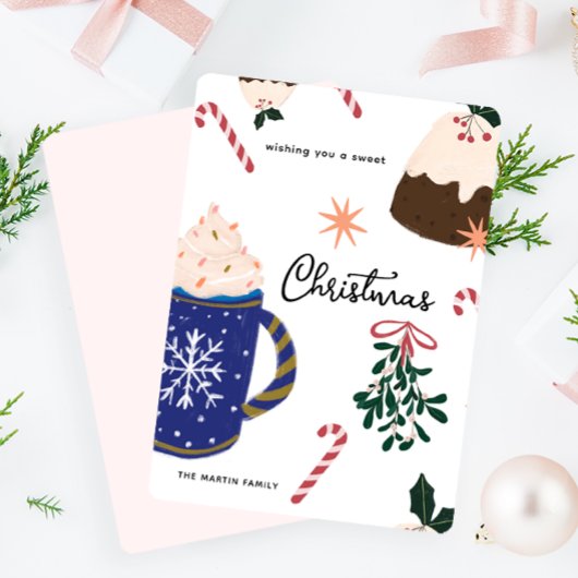 Zoete desserts geïllustreerd vakantievoedsel Kerst Feestdagenkaart