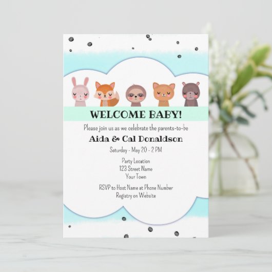 Zoete dier baby shower uitnodiging (Staand voorkant)