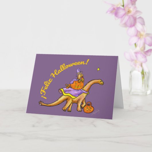 Zoete Dinosaurus Halloween Kaart (Orchidee)