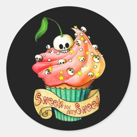 Zoete & dodelijke schedel cupcake ronde sticker (Voorkant)
