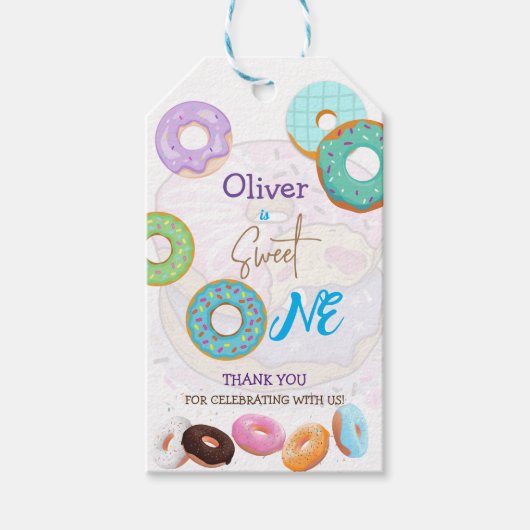 Zoete donut 1e verjaardag jongen cadeau labels cadeaulabel (Voorkant)