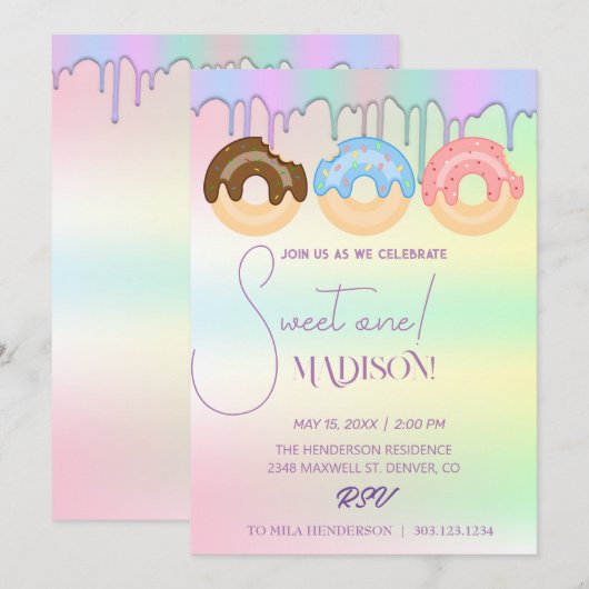 zoete donuts, regenboogkleuren, zoete eerste verja kaart (Voorkant / Achterkant)