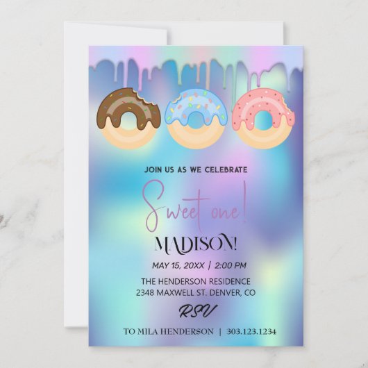 Zoete donuts, regenboogkleuren, zoete eerste verja kaart (Voorkant)