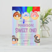 zoete donuts, regenboogkleuren, zoete eerste verja kaart (Staand voorkant)