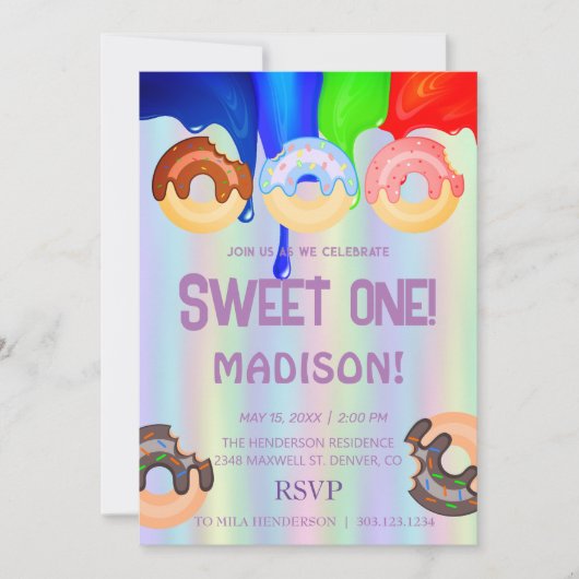 zoete donuts, regenboogkleuren, zoete eerste verja kaart (Voorkant)