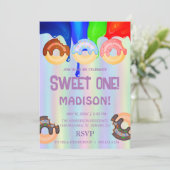 zoete donuts, regenboogkleuren, zoete eerste verja kaart (Staand voorkant)