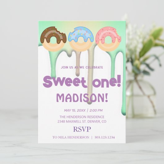 zoete donuts, regenboogkleuren, zoete eerste verja kaart (Staand voorkant)