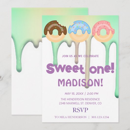 zoete donuts, regenboogkleuren, zoete eerste verja kaart (Voorkant / Achterkant)