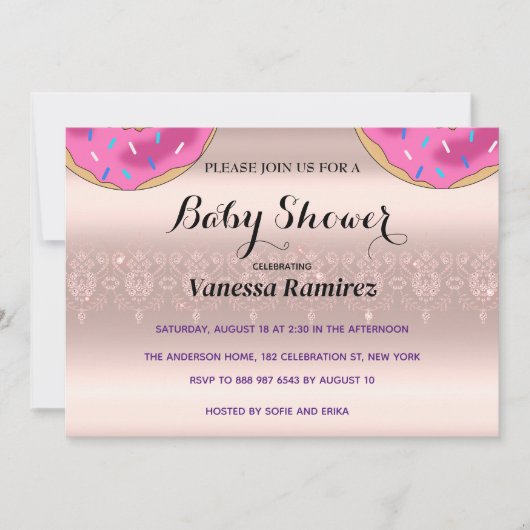 Zoete donuts, roze gouden babyspeelgoed kaart (Voorkant)