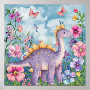 Zoete Dromen Bloemige Paarse Dinosaurier Slaapkame Poster