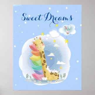 Zoete dromen slapende giraffe met konijnen poster