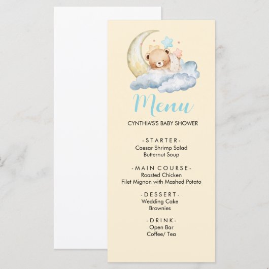 Zoete dromen teddybeer Jongens baby Shower Menu (Voorkant / Achterkant)