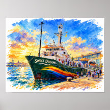 Zoete Dromen Waterverf Haven Schip Poster
