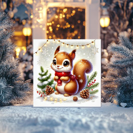 Zoete eekhoorn met dennenappels en feestverlichtin feestdagenkaart