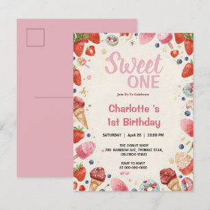 Zoete Eén 1e Verjaardag Aardbei Donut Ijs  Uitnodiging Briefkaart