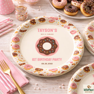 Zoete Eén Donut 1e Verjaardagsfeestje   Cute Donut Papieren Bordje