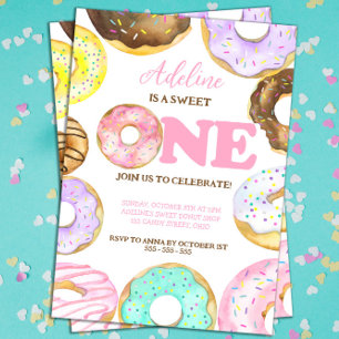 Zoete Eén Donuts 1e verjaardag Meisje Watercolor Kaart