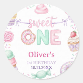 Zoete Eén Pastelkleurig Dessert 1e Verjaardag Favo Ronde Sticker