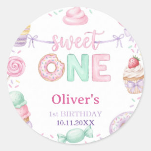Zoete Eén Pastelkleurig Dessert 1e Verjaardag Favo Ronde Sticker