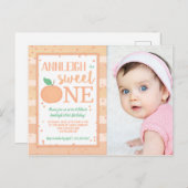 Zoete Eén Perzik Thema Meisjes 1e Verjaardagsuitno Briefkaart (Voorkant / Achterkant)