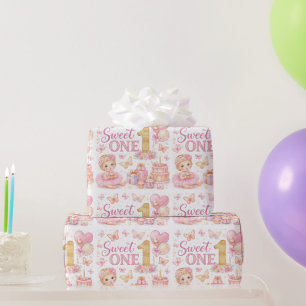 Zoete Eén Roze Vlinder 1e Verjaardag Inpakpapier