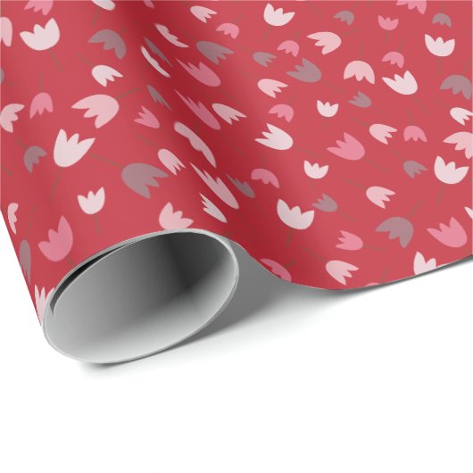 Zoete Eenvoudige Roze Tulpenpatroon, rode achtergr Cadeaupapier (Rol Hoek)
